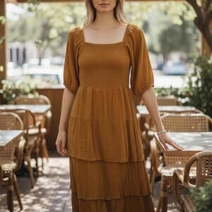 Vintage-Inspired Kings Road Dress – Mustard/Burnt Sienna